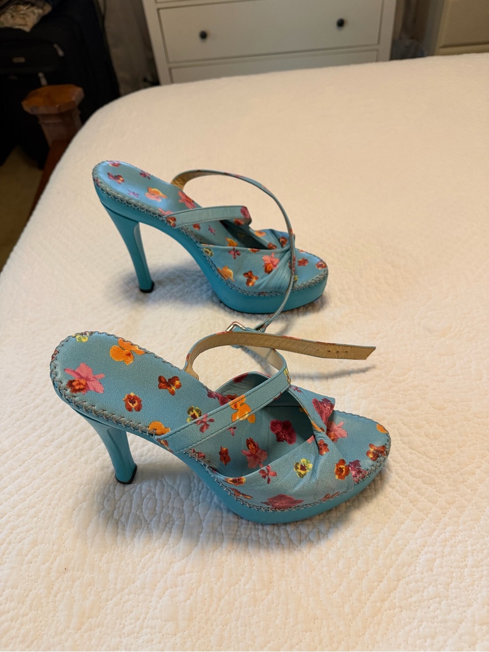 Turquoise Floral Platform High Heel Sandals - Women's